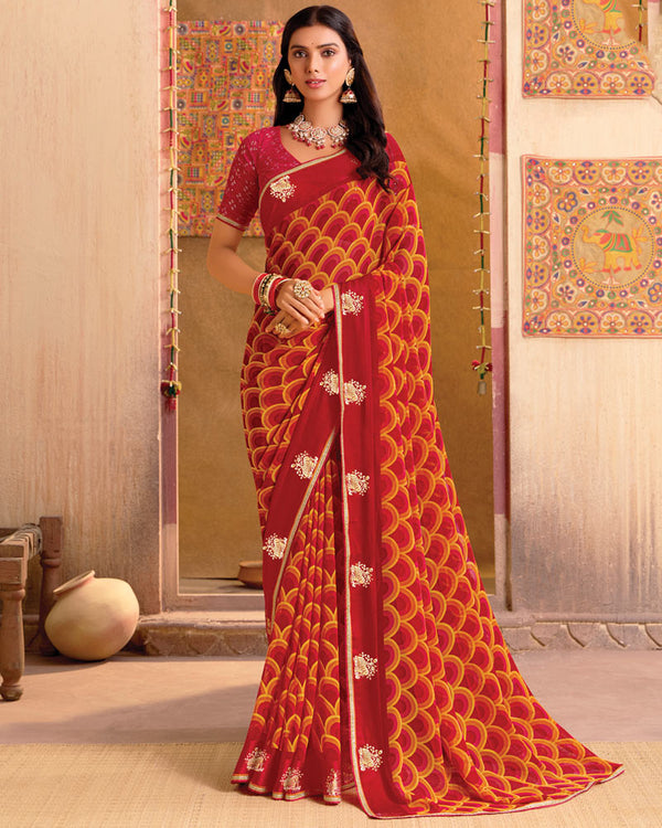 Vishal Prints Dark Red Printed Chiffon Saree With Foil Print, Satin Patta And Fancy Piping