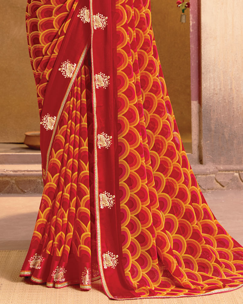 Vishal Prints Dark Red Printed Chiffon Saree With Foil Print, Satin Patta And Fancy Piping