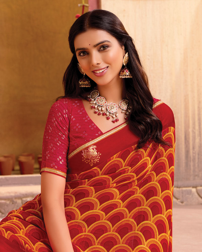 Vishal Prints Dark Red Printed Chiffon Saree With Foil Print, Satin Patta And Fancy Piping