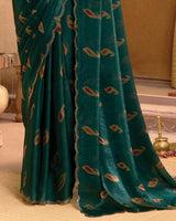 Vishal Prints Bottle Green Printed Fancy Satin Saree With Swarovski Work And Cut Work Border