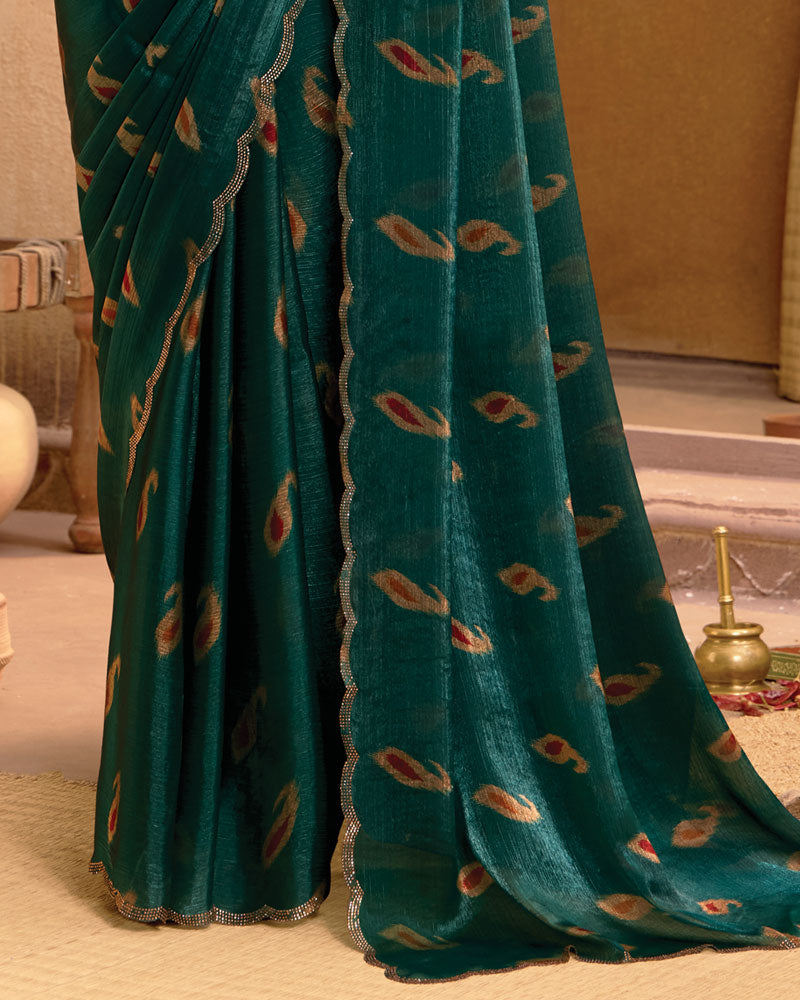 Vishal Prints Bottle Green Printed Fancy Satin Saree With Swarovski Work And Cut Work Border