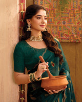 Vishal Prints Bottle Green Printed Fancy Satin Saree With Swarovski Work And Cut Work Border