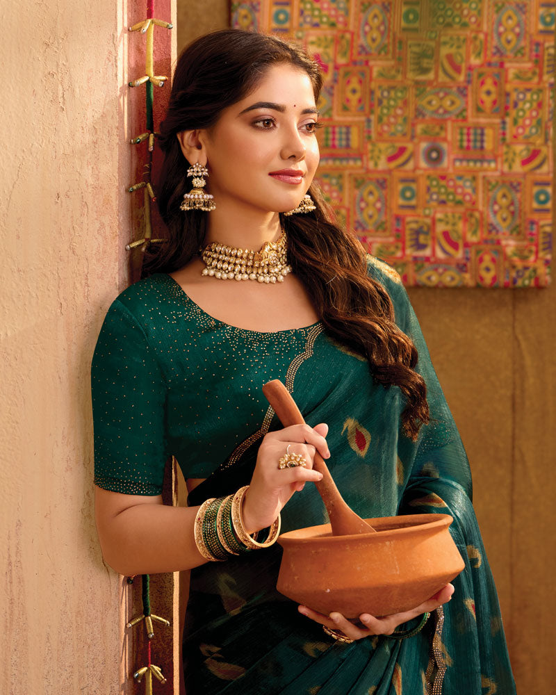 Vishal Prints Bottle Green Printed Fancy Satin Saree With Swarovski Work And Cut Work Border