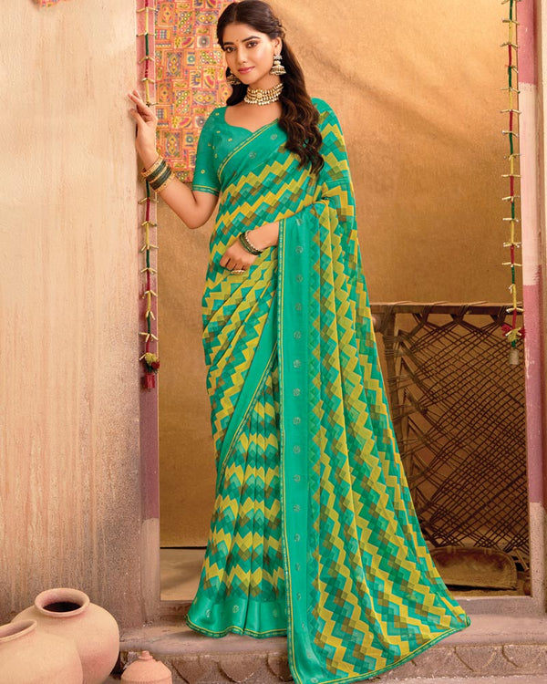 Vishal Prints Aqua Green Printed Georgette Saree With Diamond Work, Weaved Satin Patta And Fancy Piping