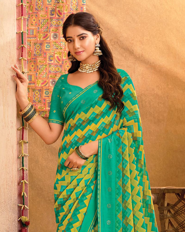 Vishal Prints Aqua Green Printed Georgette Saree With Diamond Work, Weaved Satin Patta And Fancy Piping