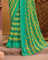 Vishal Prints Aqua Green Printed Georgette Saree With Diamond Work, Weaved Satin Patta And Fancy Piping
