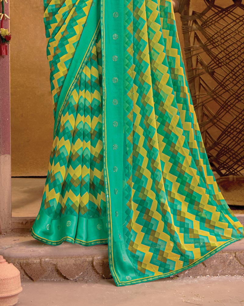 Vishal Prints Aqua Green Printed Georgette Saree With Diamond Work, Weaved Satin Patta And Fancy Piping
