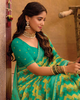 Vishal Prints Aqua Green Printed Georgette Saree With Diamond Work, Weaved Satin Patta And Fancy Piping
