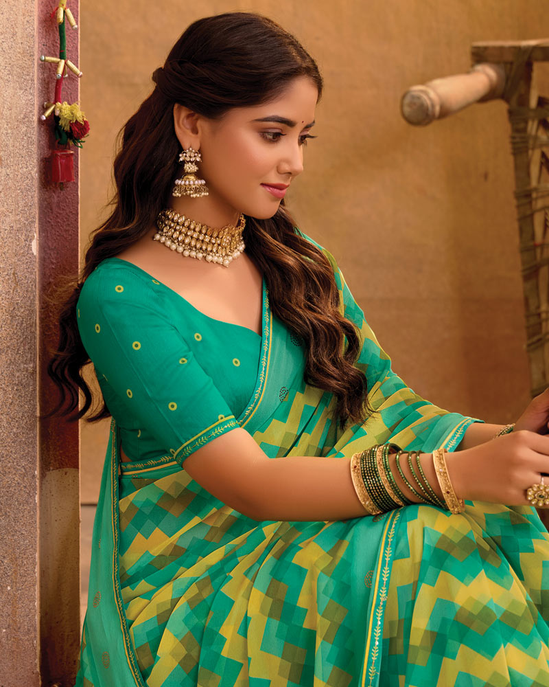Vishal Prints Aqua Green Printed Georgette Saree With Diamond Work, Weaved Satin Patta And Fancy Piping