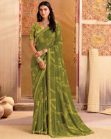 Vishal Prints Dark Olive Green Printed Georgette Saree With Fancy Border