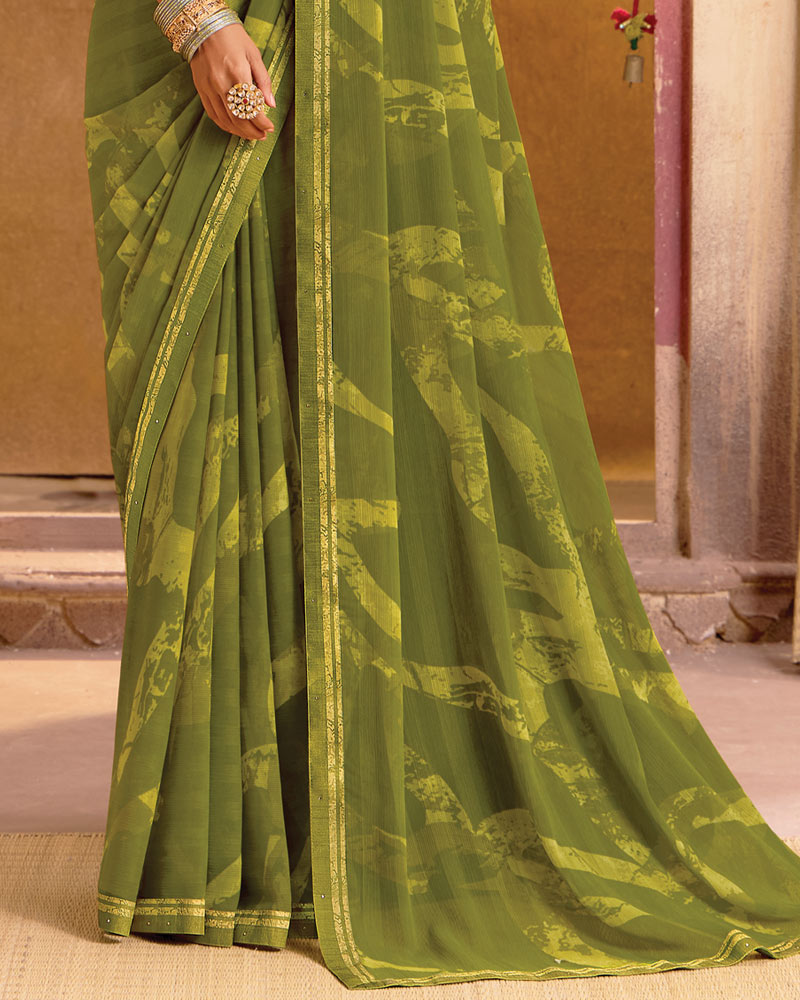 Vishal Prints Dark Olive Green Printed Georgette Saree With Fancy Border
