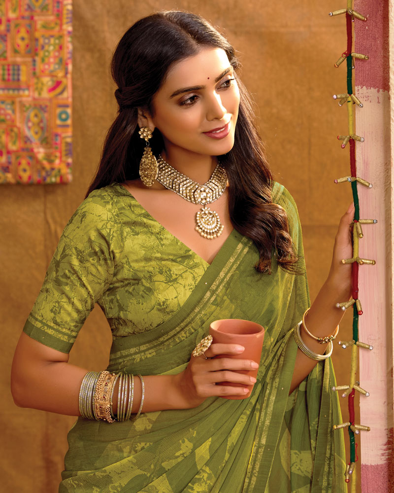 Vishal Prints Dark Olive Green Printed Georgette Saree With Fancy Border