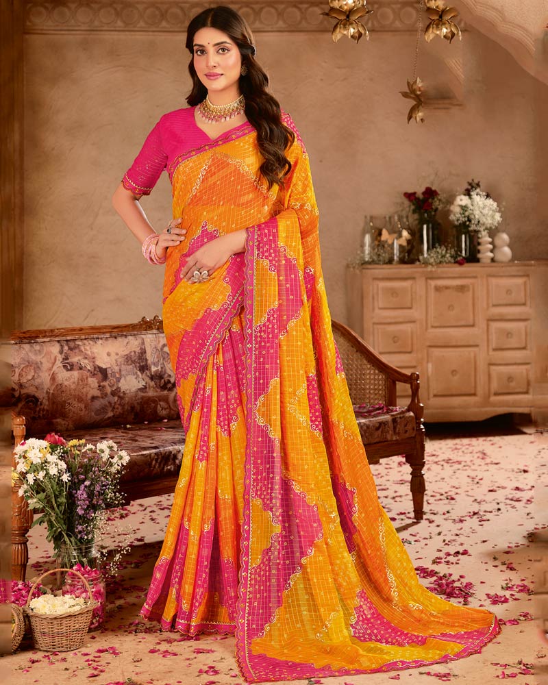 Vishal Prints Orangish Pink Checks Chiffon Printed Bandhani Print Saree With Foil Print And Cut Work Embroidery Border