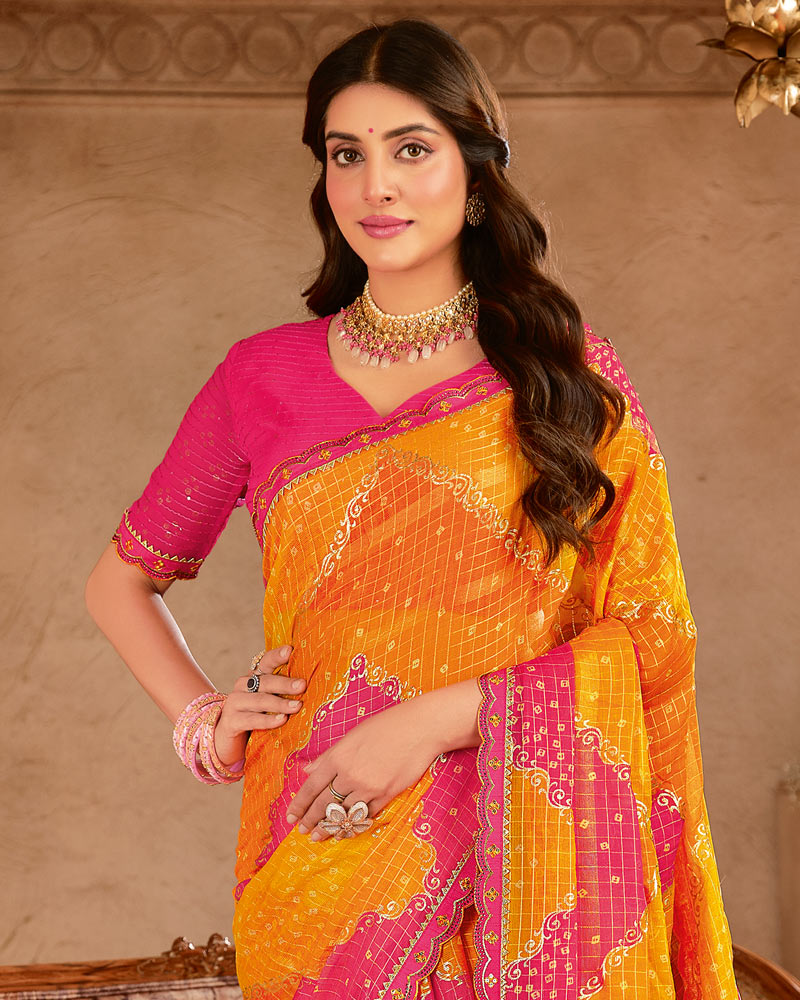 Vishal Prints Orangish Pink Checks Chiffon Printed Bandhani Print Saree With Foil Print And Cut Work Embroidery Border