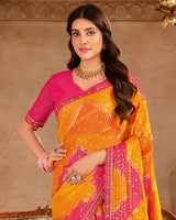 Vishal Prints Orangish Pink Checks Chiffon Printed Bandhani Print Saree With Foil Print And Cut Work Embroidery Border
