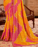 Vishal Prints Orangish Pink Checks Chiffon Printed Bandhani Print Saree With Foil Print And Cut Work Embroidery Border
