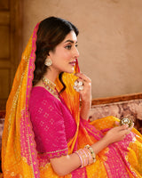 Vishal Prints Orangish Pink Checks Chiffon Printed Bandhani Print Saree With Foil Print And Cut Work Embroidery Border