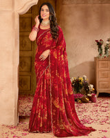 Vishal Prints Maroon Satin-Chiffon Digital Print Swarovski Work Saree With Fancy Cut Work Diamond Border