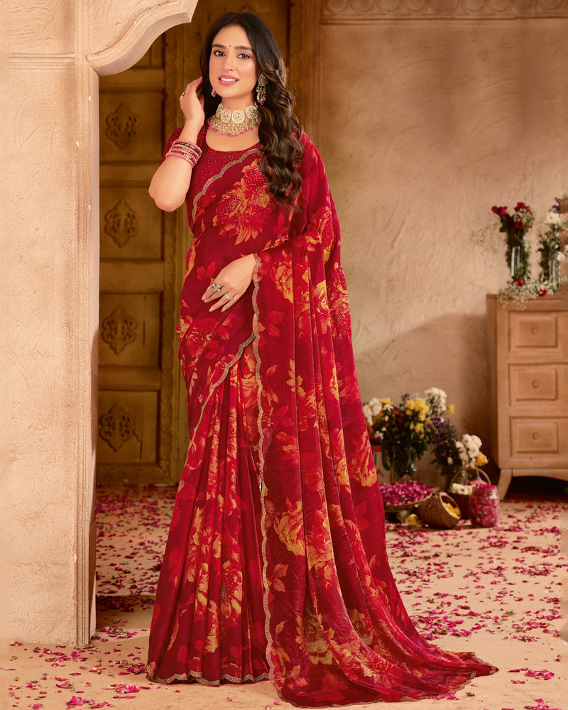 Vishal Prints Maroon Satin-Chiffon Digital Print Swarovski Work Saree With Fancy Cut Work Diamond Border