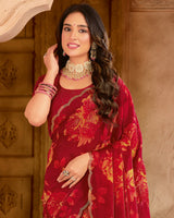 Vishal Prints Maroon Satin-Chiffon Digital Print Swarovski Work Saree With Fancy Cut Work Diamond Border