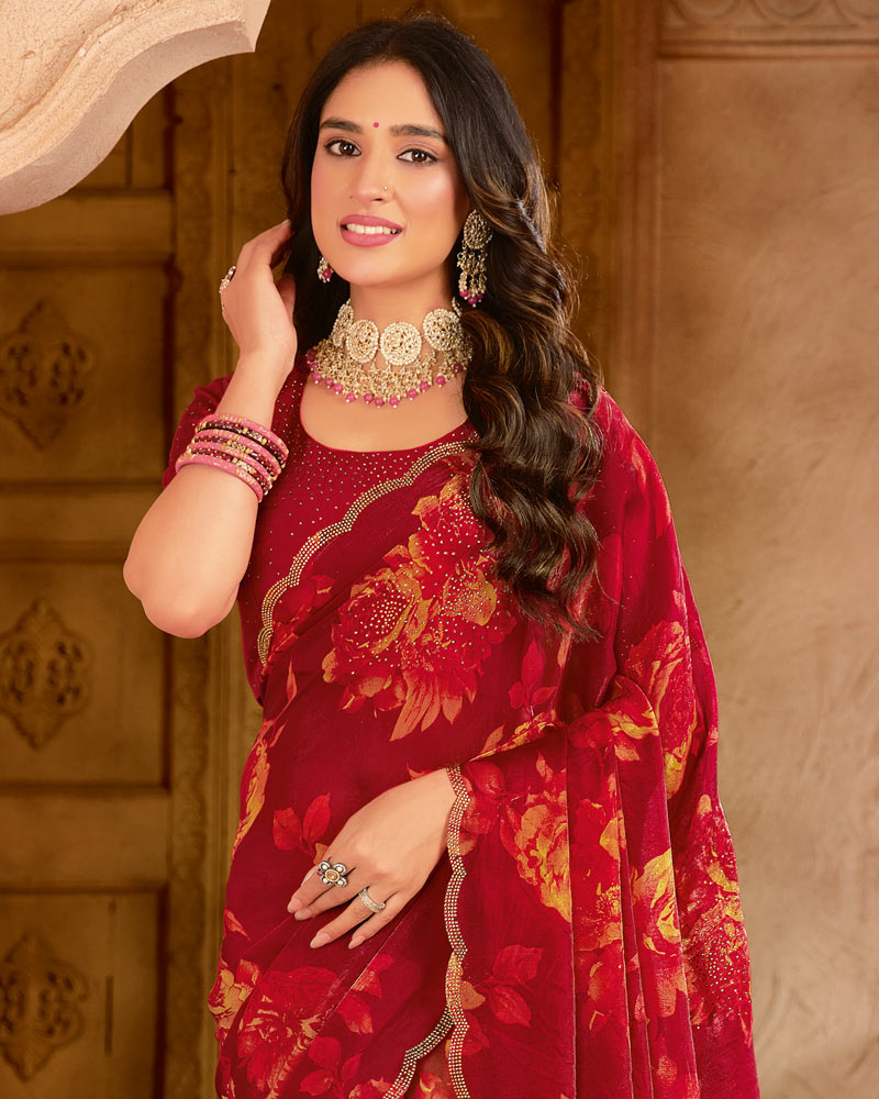 Vishal Prints Maroon Satin-Chiffon Digital Print Swarovski Work Saree With Fancy Cut Work Diamond Border