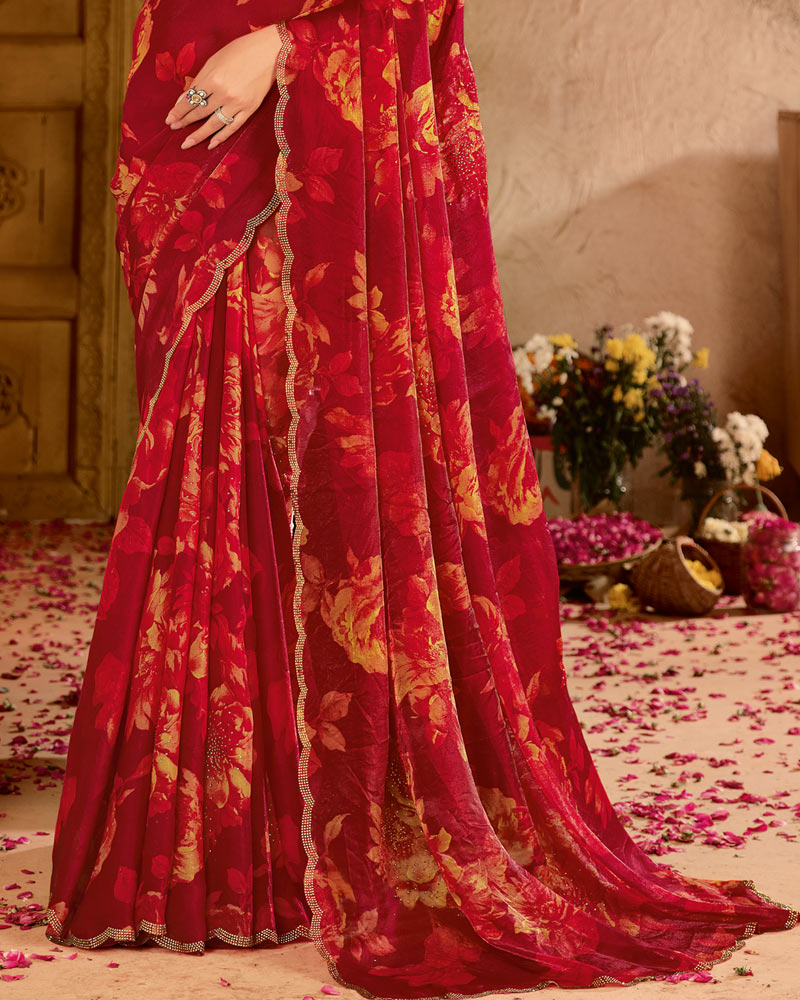 Vishal Prints Maroon Satin-Chiffon Digital Print Swarovski Work Saree With Fancy Cut Work Diamond Border