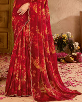 Vishal Prints Maroon Satin-Chiffon Digital Print Swarovski Work Saree With Fancy Cut Work Diamond Border