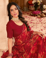 Vishal Prints Maroon Satin-Chiffon Digital Print Swarovski Work Saree With Fancy Cut Work Diamond Border
