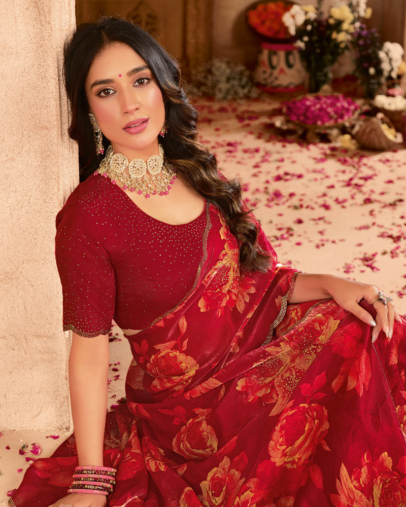 Vishal Prints Maroon Satin-Chiffon Digital Print Swarovski Work Saree With Fancy Cut Work Diamond Border