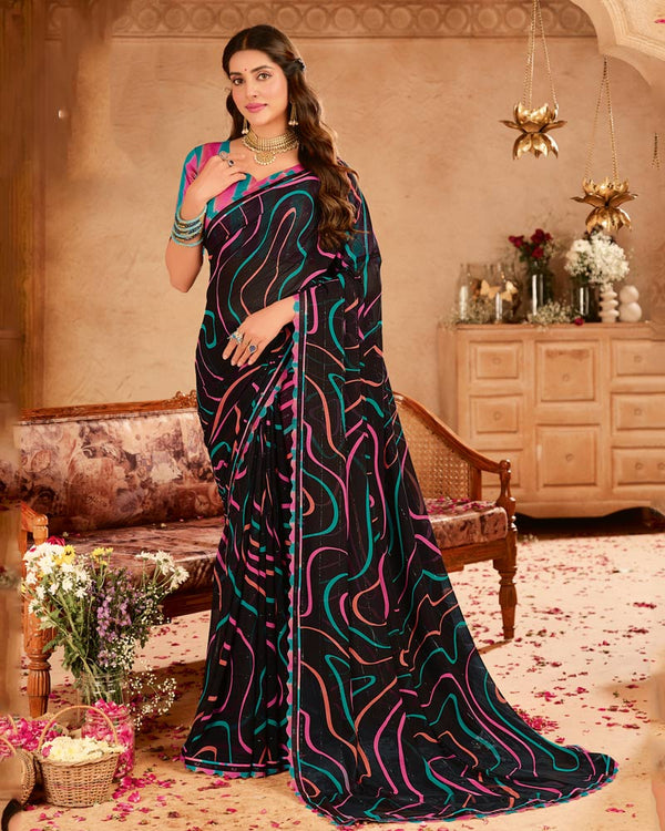 Vishal Prints Black Sequence Georgette Printed Saree With Fancy Cut Work Border