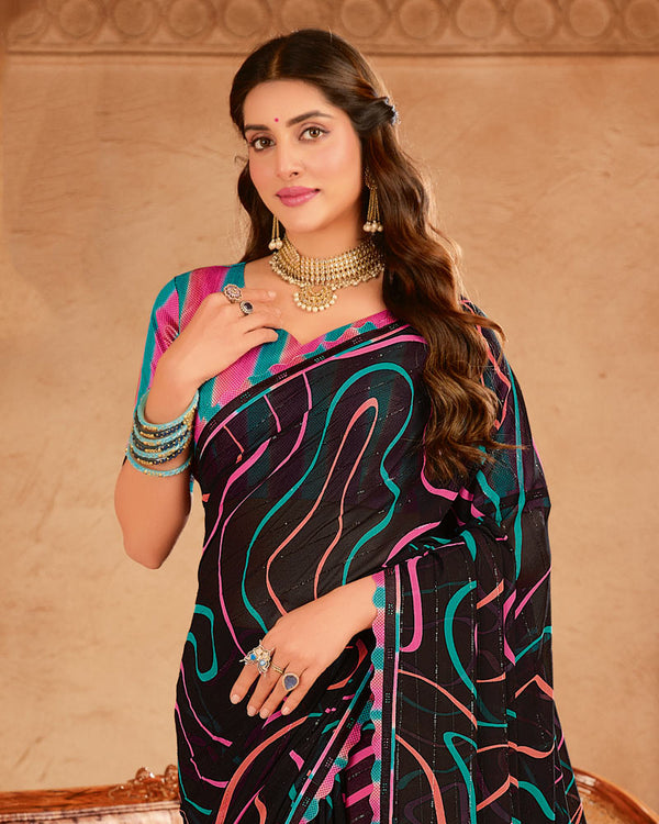 Vishal Prints Black Sequence Georgette Printed Saree With Fancy Cut Work Border