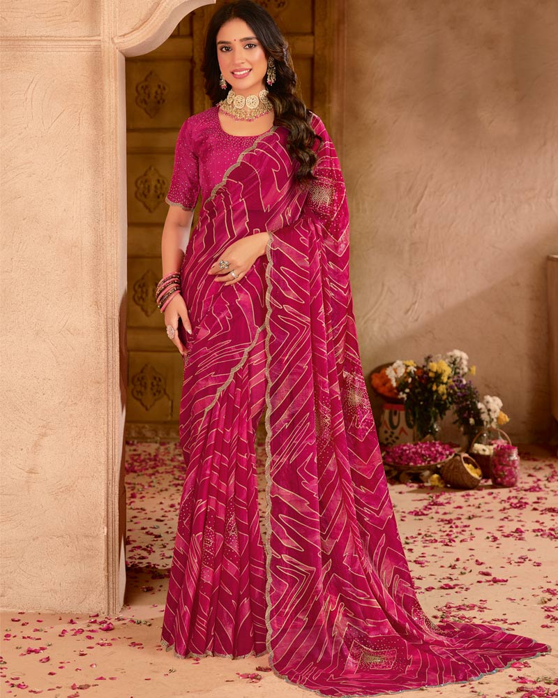 Vishal Prints Deep Magenta Satin-Chiffon Digital Print Swarovski Work Saree With Fancy Cut Work Diamond Border