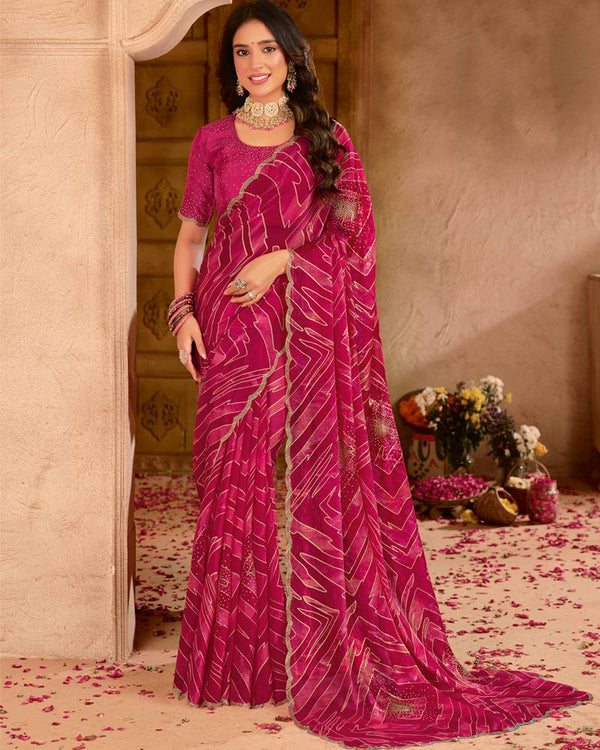 Vishal Prints Deep Magenta Satin-Chiffon Digital Print Swarovski Work Saree With Fancy Cut Work Diamond Border
