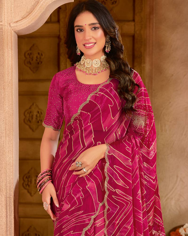 Vishal Prints Deep Magenta Satin-Chiffon Digital Print Swarovski Work Saree With Fancy Cut Work Diamond Border