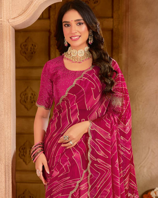 Vishal Prints Deep Magenta Satin-Chiffon Digital Print Swarovski Work Saree With Fancy Cut Work Diamond Border