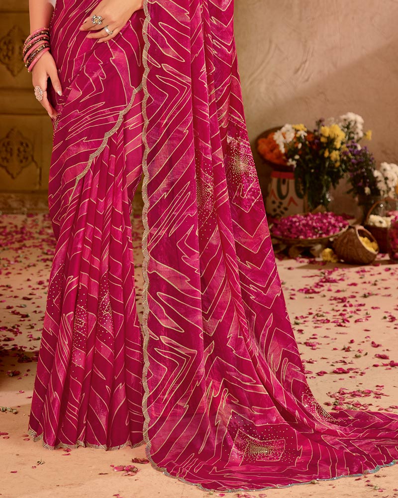 Vishal Prints Deep Magenta Satin-Chiffon Digital Print Swarovski Work Saree With Fancy Cut Work Diamond Border