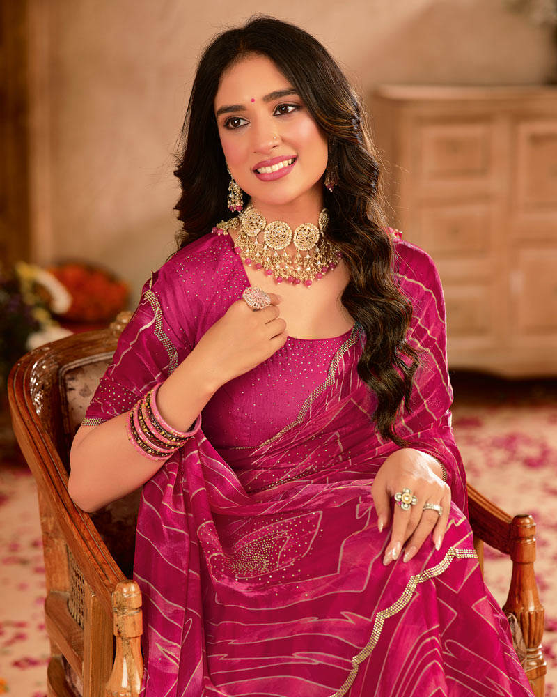 Vishal Prints Deep Magenta Satin-Chiffon Digital Print Swarovski Work Saree With Fancy Cut Work Diamond Border