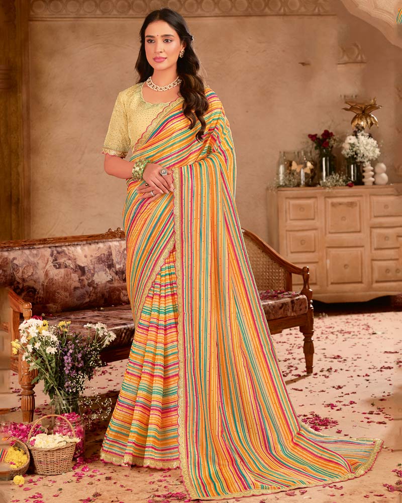 Vishal Prints Multi Color Digital Print Fancy Crushed Tissue Saree With Diamond Work And Cut Work Border