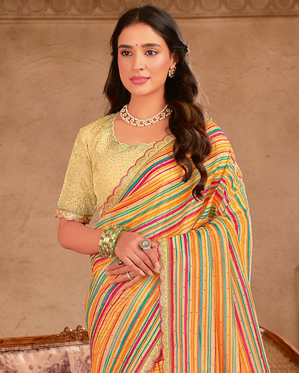 Vishal Prints Multi Color Digital Print Fancy Crushed Tissue Saree With Diamond Work And Cut Work Border