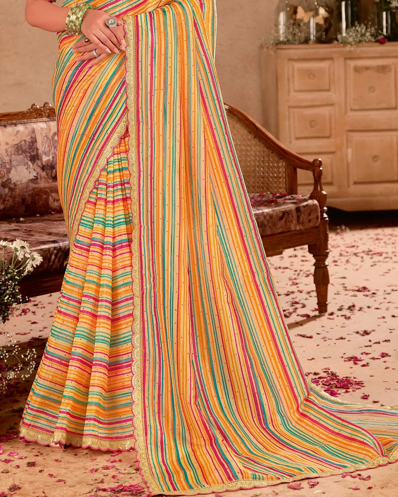 Vishal Prints Multi Color Digital Print Fancy Crushed Tissue Saree With Diamond Work And Cut Work Border