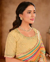Vishal Prints Multi Color Digital Print Fancy Crushed Tissue Saree With Diamond Work And Cut Work Border
