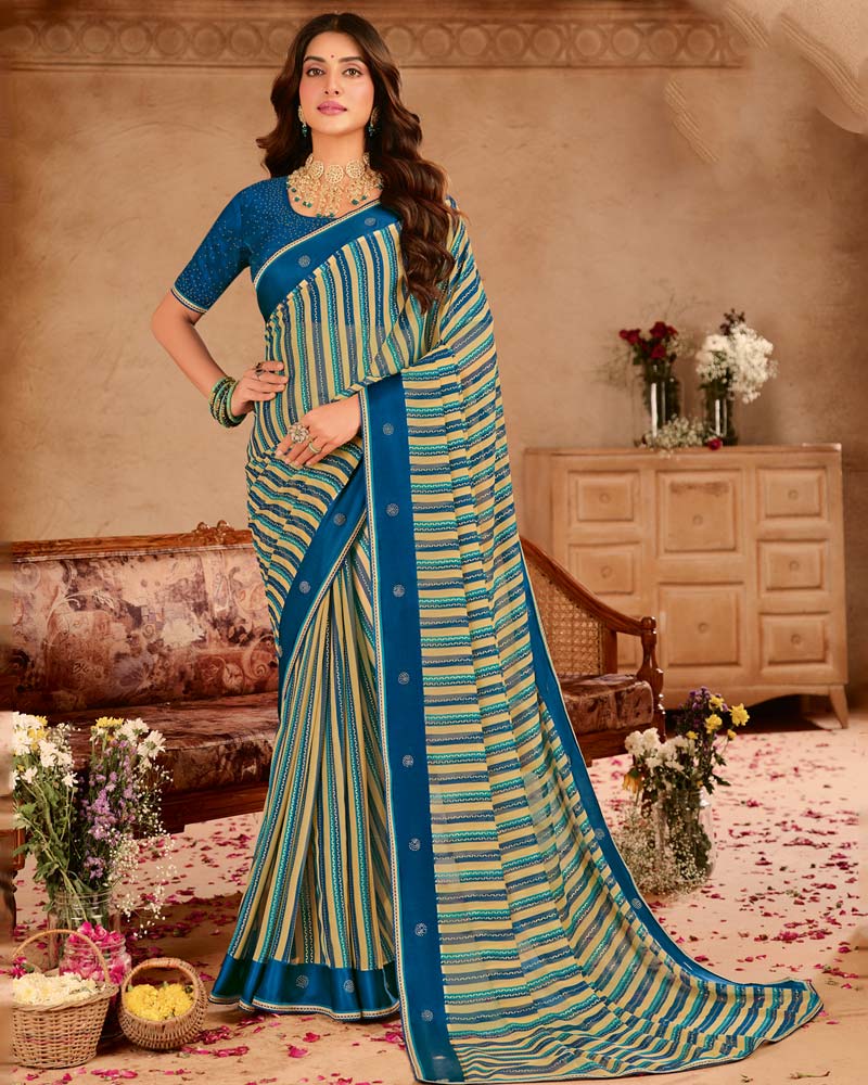 Vishal Prints Cream Printed Chiffon Saree With Foil Print-Diamond Work And Gota Patti Border