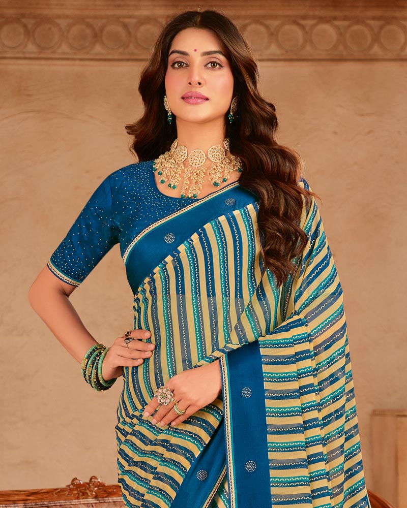 Vishal Prints Cream Printed Chiffon Saree With Foil Print-Diamond Work And Gota Patti Border