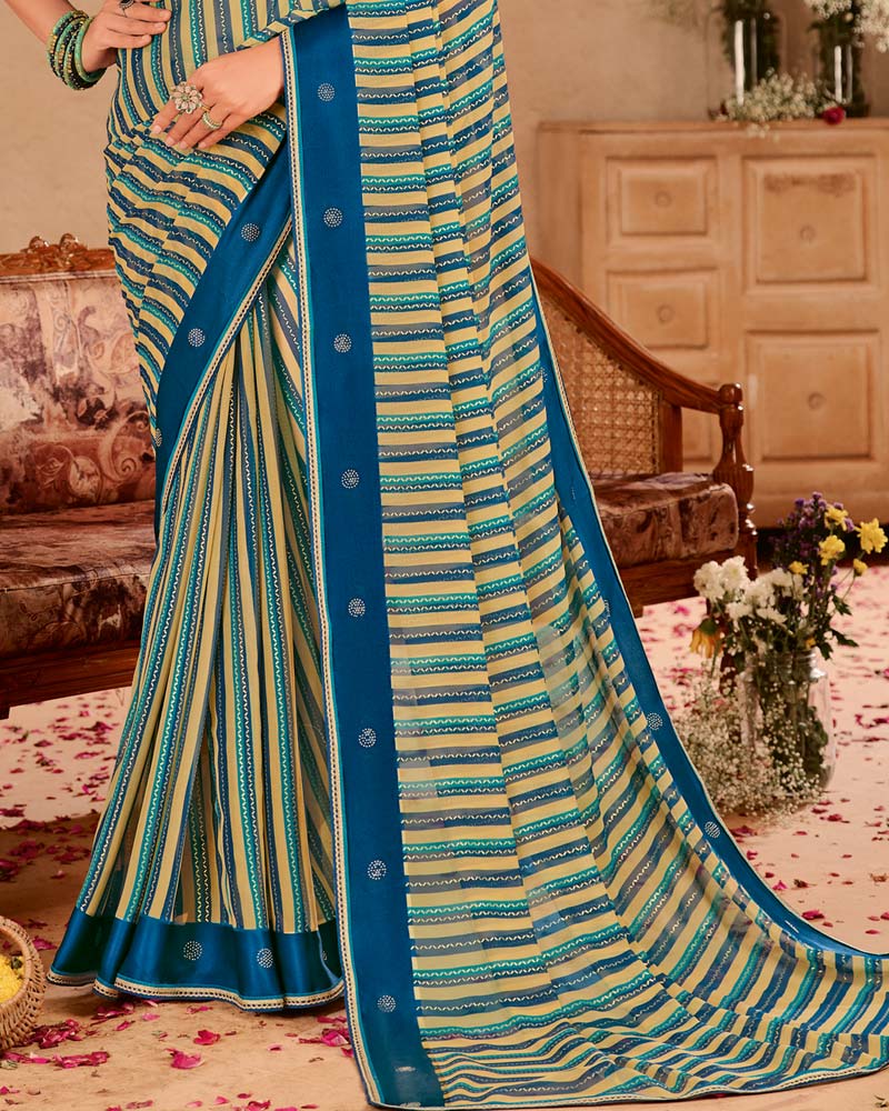 Vishal Prints Cream Printed Chiffon Saree With Foil Print-Diamond Work And Gota Patti Border