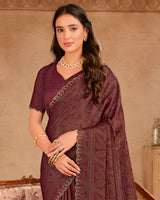 Vishal Prints Coffee Brown Printed Chiffon Brasso Saree With Diamond Work And Cut Work Border