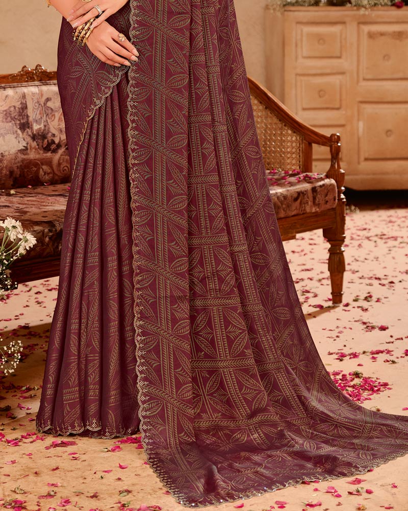 Vishal Prints Coffee Brown Printed Chiffon Brasso Saree With Diamond Work And Cut Work Border