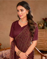 Vishal Prints Coffee Brown Printed Chiffon Brasso Saree With Diamond Work And Cut Work Border