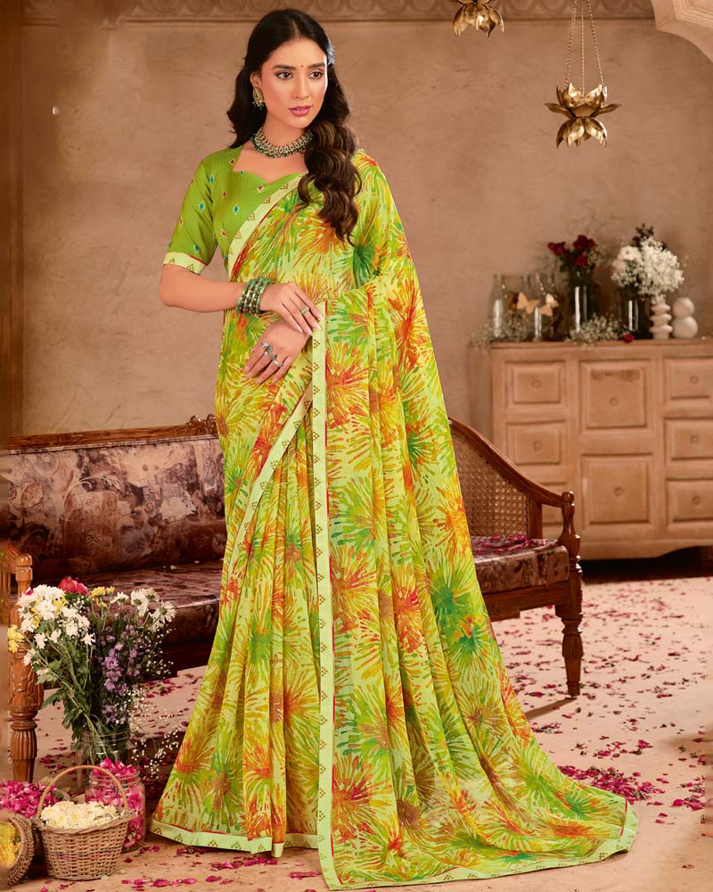 Vishal Prints Parrot Green Printed Chiffon Saree With Fancy Border