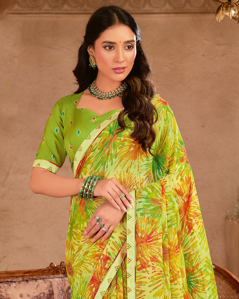 Vishal Prints Parrot Green Printed Chiffon Saree With Fancy Border