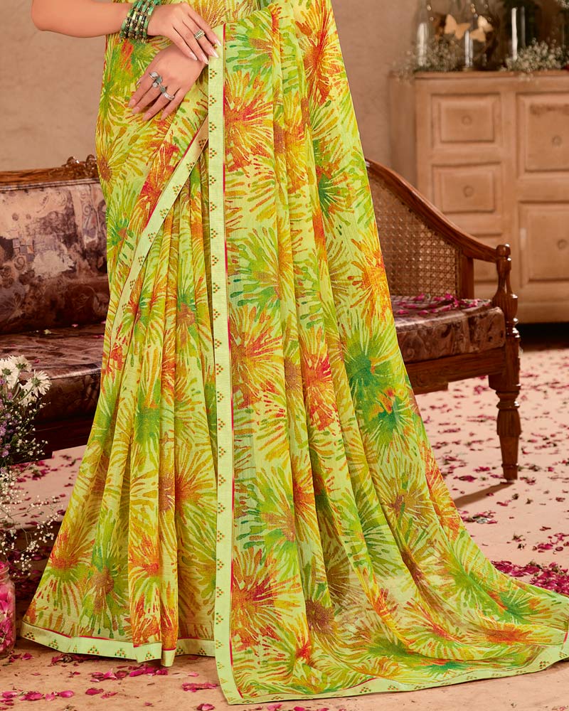 Vishal Prints Parrot Green Printed Chiffon Saree With Fancy Border